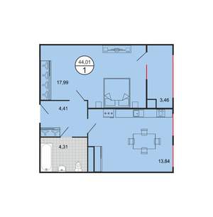 1-к квартира, строящийся дом, 44м2, 5/6 этаж