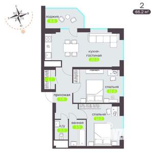 2-к квартира, вторичка, 66м2, 9/19 этаж