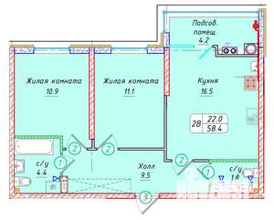 2-к квартира, вторичка, 58м2, 13/22 этаж