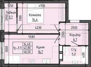 1-к квартира, вторичка, 46м2, 16/25 этаж