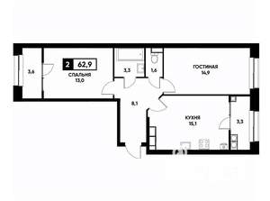 2-к квартира, вторичка, 63м2, 13/20 этаж