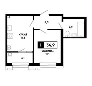 1-к квартира, вторичка, 35м2, 2/21 этаж