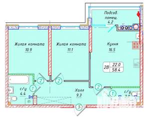 2-к квартира, вторичка, 58м2, 22/22 этаж