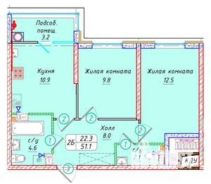 2-к квартира, вторичка, 51м2, 6/22 этаж