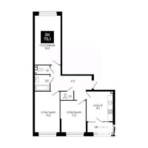 3-к квартира, вторичка, 75м2, 15/24 этаж