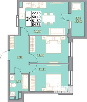 2-к квартира, вторичка, 55м2, 6/21 этаж