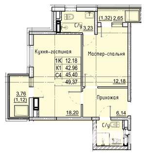 1-к квартира, строящийся дом, 49м2, 6/21 этаж