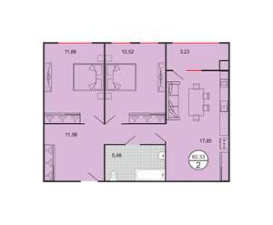 2-к квартира, вторичка, 62м2, 1/4 этаж