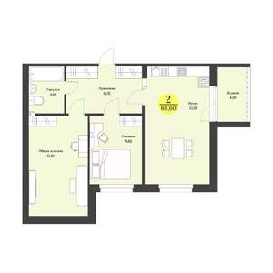 2-к квартира, строящийся дом, 69м2, 3/12 этаж