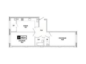 2-к квартира, вторичка, 62м2, 3/16 этаж