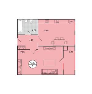 1-к квартира, вторичка, 44м2, 1/4 этаж