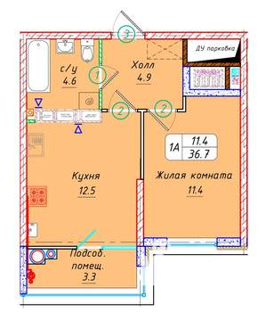 1-к квартира, вторичка, 38м2, 21/22 этаж