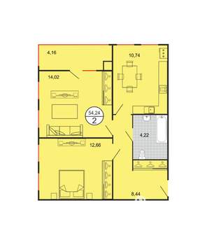 2-к квартира, вторичка, 54м2, 1/5 этаж