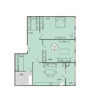 2-к квартира, строящийся дом, 75м2, 1/4 этаж