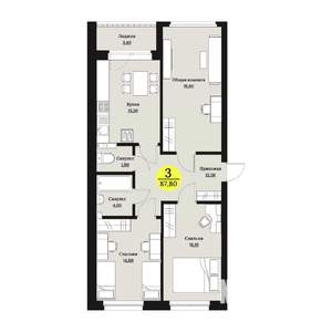 3-к квартира, строящийся дом, 88м2, 8/12 этаж