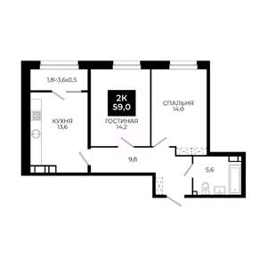 2-к квартира, вторичка, 59м2, 14/24 этаж