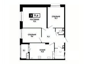 3-к квартира, вторичка, 72м2, 17/24 этаж