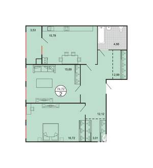 2-к квартира, вторичка, 75м2, 1/4 этаж