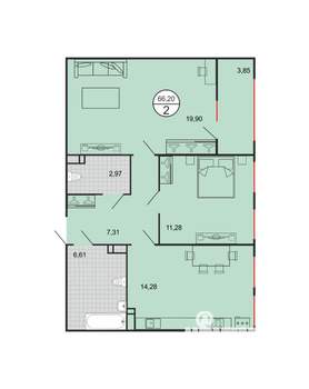 2-к квартира, строящийся дом, 66м2, 2/6 этаж