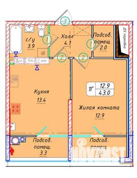 1-к квартира, вторичка, 43м2, 19/22 этаж