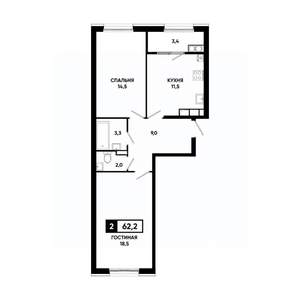 2-к квартира, вторичка, 62м2, 16/18 этаж
