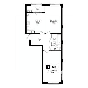 2-к квартира, строящийся дом, 62м2, 16/19 этаж