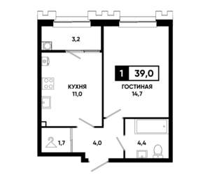 1-к квартира, строящийся дом, 39м2, 2/21 этаж