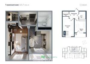 1-к квартира, вторичка, 41м2, 9/12 этаж