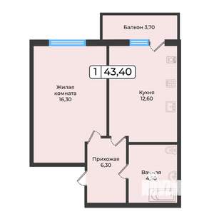 1-к квартира, строящийся дом, 43м2, 3/5 этаж