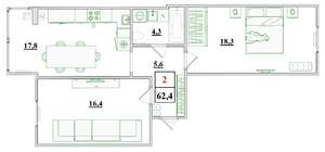 2-к квартира, строящийся дом, 62м2, 3/9 этаж
