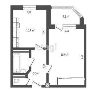 1-к квартира, вторичка, 42м2, 9/9 этаж