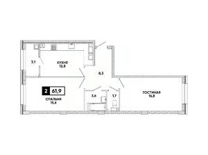 2-к квартира, вторичка, 62м2, 15/16 этаж