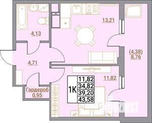 1-к квартира, вторичка, 44м2, 14/21 этаж