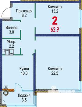 2-к квартира, строящийся дом, 64м2, 2/16 этаж