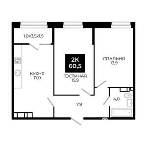 2-к квартира, вторичка, 61м2, 17/24 этаж