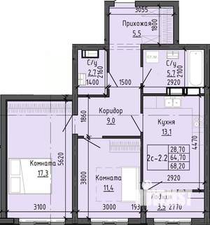 2-к квартира, вторичка, 68м2, 6/24 этаж