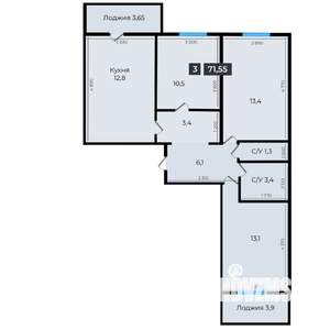3-к квартира, строящийся дом, 71м2, 1/16 этаж