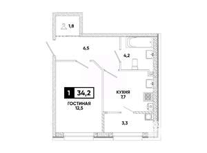 1-к квартира, вторичка, 34м2, 2/12 этаж