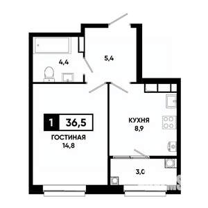 1-к квартира, строящийся дом, 37м2, 12/19 этаж
