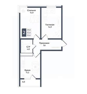 2-к квартира, вторичка, 56м2, 13/22 этаж