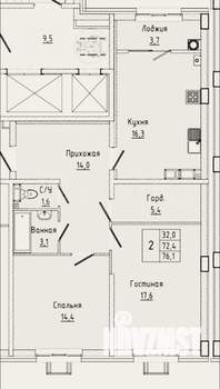 2-к квартира, сданный дом, 76м2, 9/12 этаж