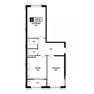 2-к квартира, вторичка, 67м2, 10/21 этаж