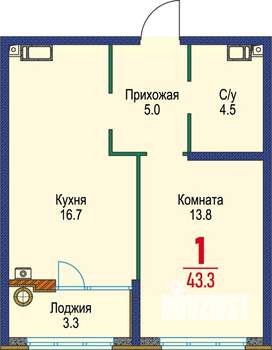 1-к квартира, строящийся дом, 43м2, 20/22 этаж