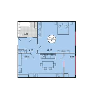 1-к квартира, строящийся дом, 44м2, 5/6 этаж
