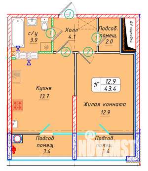1-к квартира, вторичка, 43м2, 7/22 этаж