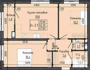2-к квартира, вторичка, 67м2, 19/25 этаж