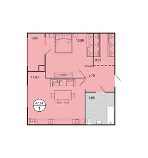 1-к квартира, строящийся дом, 48м2, 1/6 этаж