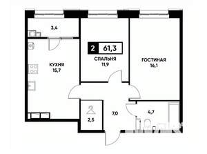 2-к квартира, вторичка, 61м2, 16/16 этаж