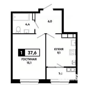 1-к квартира, строящийся дом, 38м2, 14/19 этаж