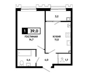 1-к квартира, строящийся дом, 39м2, 2/21 этаж